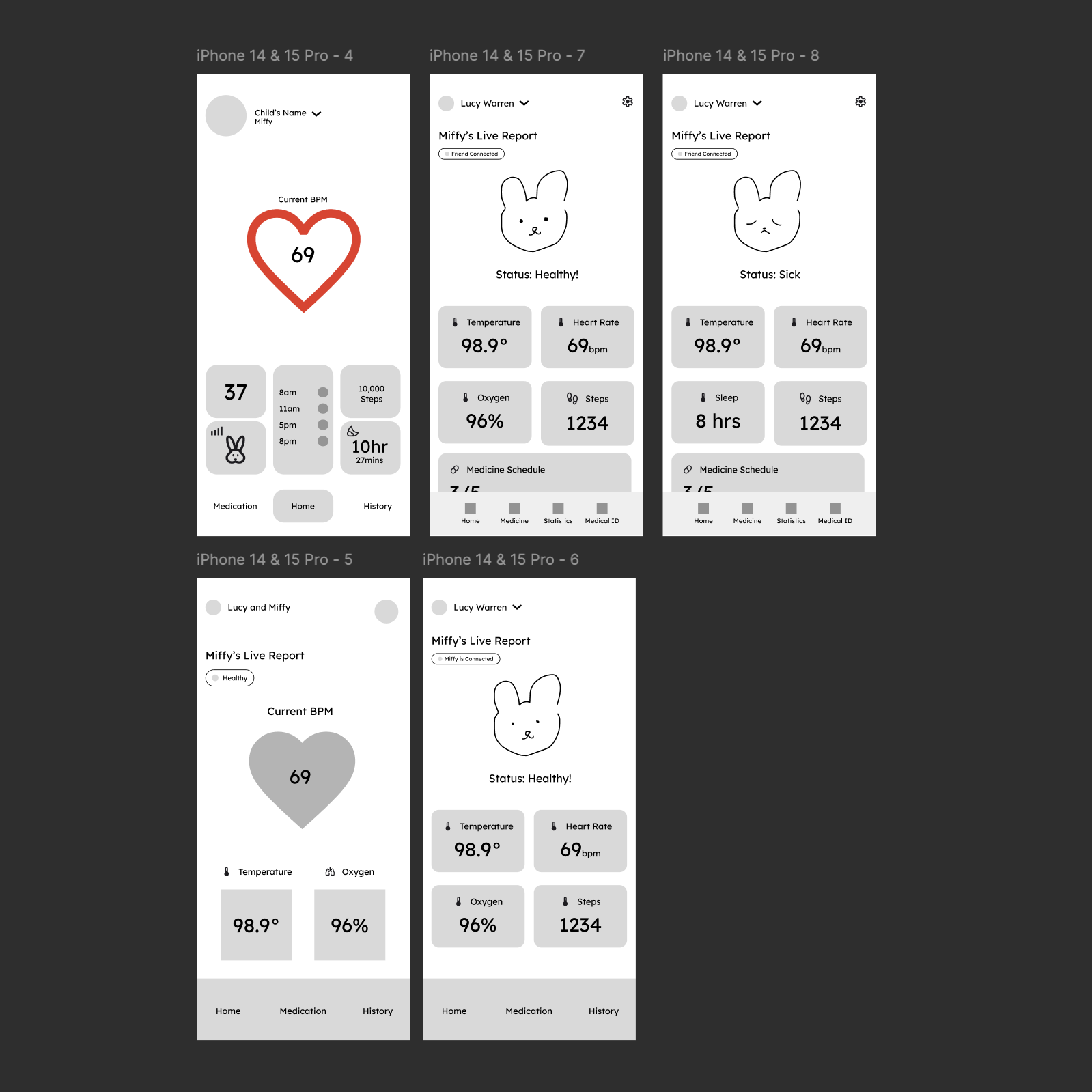 Low-fidelity wireframe iterations.
