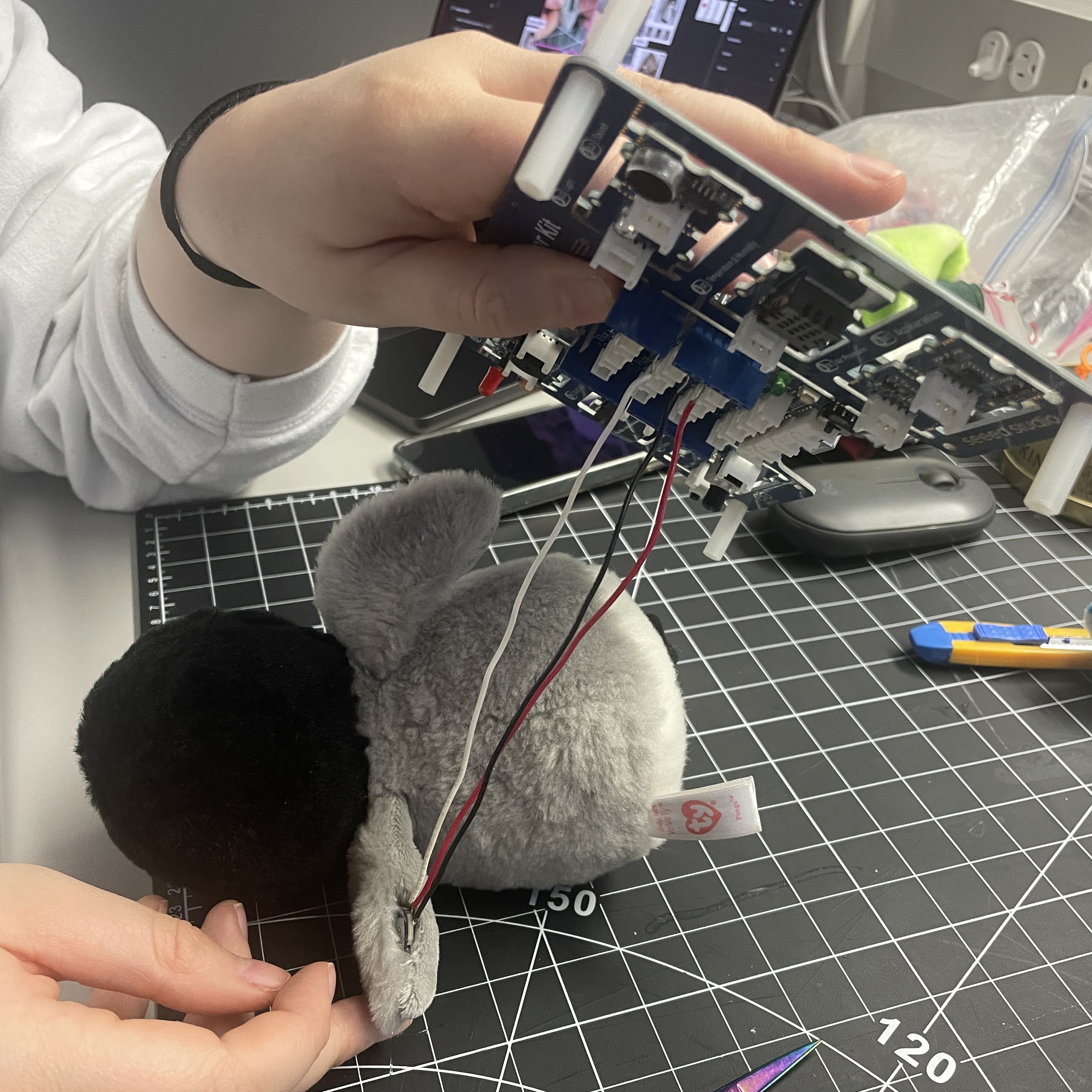 We tested the best places to fit the arduino sensors inside the plushies.